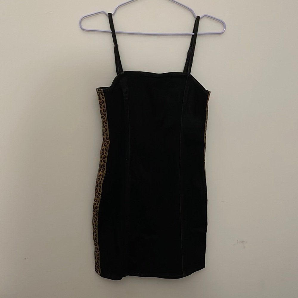 Forever 21 Black Denim Leopard Side Mini Dress with adjustable straps zipperback